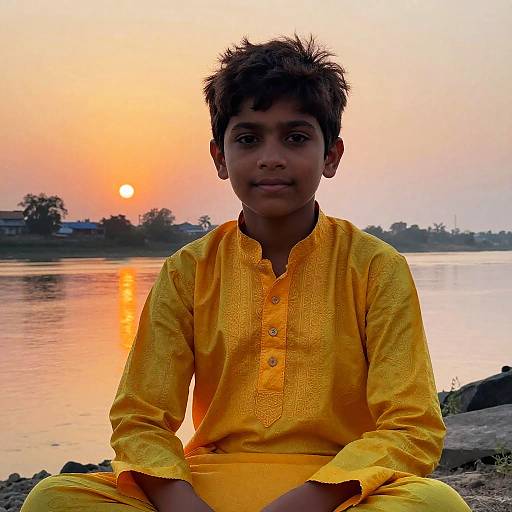 Indian Boy in Yellow Kurta by River at Sunset