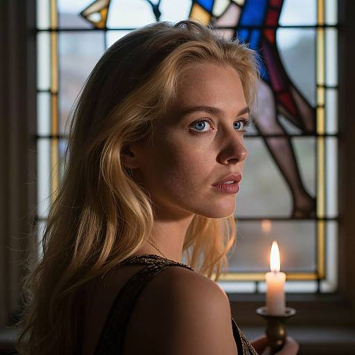 Photograph of a blonde woman with blue eyes, wearing a black dress, standing in a dimly lit room with a lit candle and stained glass window