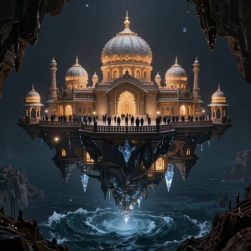 Digital artwork of a glowing, golden-domed palace floating on dark water, surrounded by silhouetted figures and blue ice-like formations.