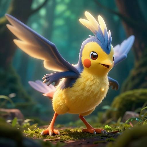 Digital CGI image of a cute, fluffy, yellow and blue bird-like creature with glowing feathers, large eyes, and outstretched wings in a mystical