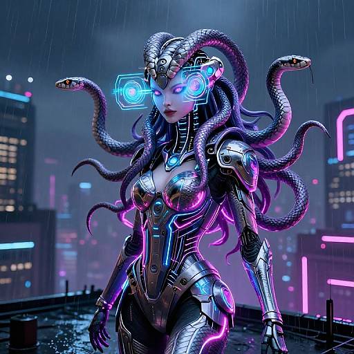 Cybernetic woman with glowing blue eyes and snake-like tentacles in neon cityscape at night; futuristic armor with purple highlights. CGI artwork.