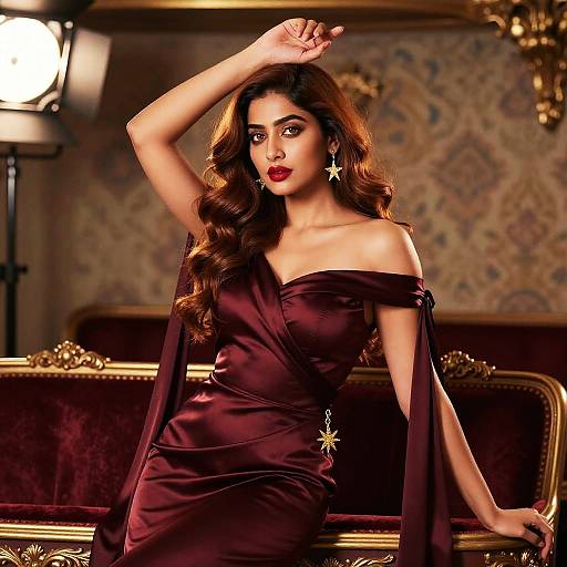 Photograph of a beautiful South Asian woman with long brown hair, wearing an off-shoulder dark burgundy satin dress, star earrings, and red