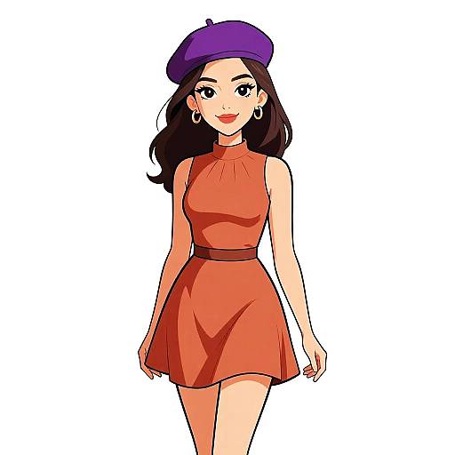 Digital illustration of a stylish woman with fair skin, black wavy hair, purple beret, red sleeveless dress, and hoop earrings.