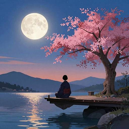 Serene Silhouette Beneath Glowing Moon