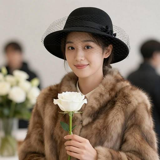 Woman in Black Hat Holding White Rose