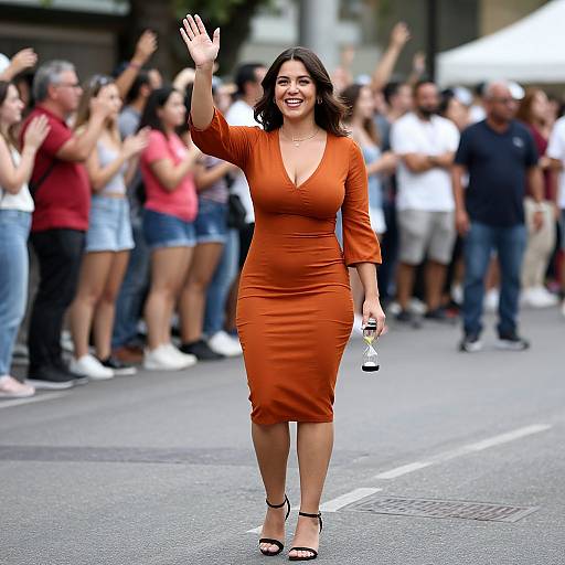 Photograph of a smiling Latina woman with dark hair in an orange, deep V-neck, form-fitting dress, waving to a cheering crowd on a