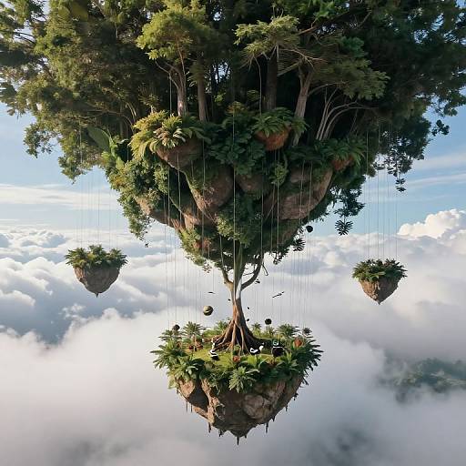Digital artwork of floating, lush, tree-like islands with hanging vines, suspended above a sea of fluffy white clouds and blue sky.
