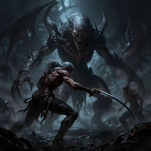 Digital fantasy artwork: Muscular, armored warrior with a sword confronts a towering, monstrous creature with dark wings and sharp teeth in a gloomy,