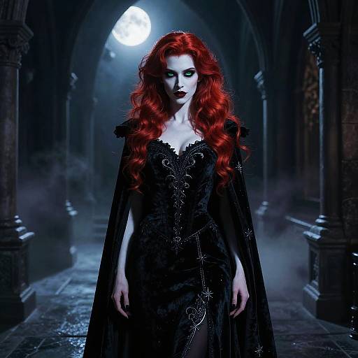 Crimson-Haired Vampire in Gothic Castle