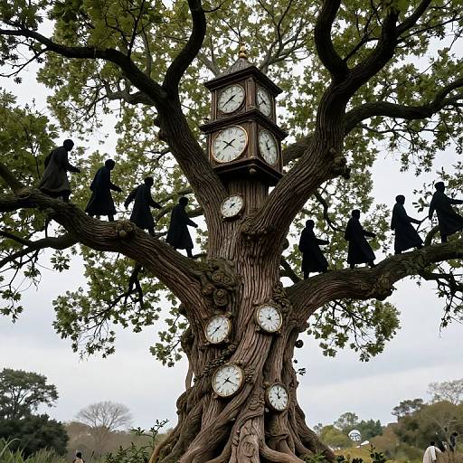 Photograph of a large tree with a clock tower, featuring silhouetted birds perched on branches, against a bright, cloudy sky.