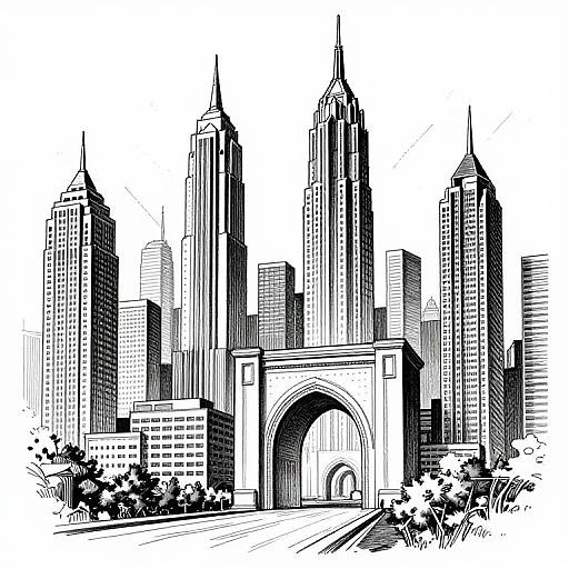 Black and white ink drawing of a city skyline featuring tall skyscrapers with pointed spires, an archway in the foreground, and leafy bushes