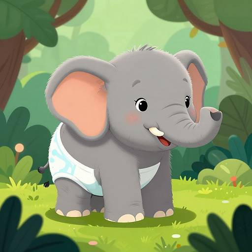 Cute, cartoon-style baby elephant with gray fur, pink inner ears, and white diaper, standing in a sunny, green forest.