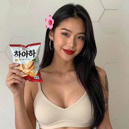 Smiling Asian Woman Holding Korean Snack