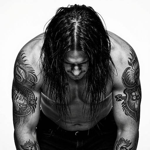 Black-and-white photograph of a muscular man with long, wet hair, tattoos on both shoulders, and dark pants, looking down. High contrast, intense