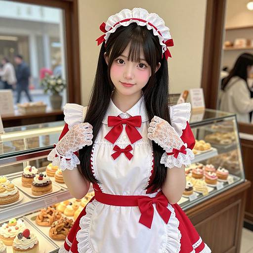 Photograph of an Asian woman with long black hair, wearing a red and white French maid outfit, standing in a bakery with a glass display of past
