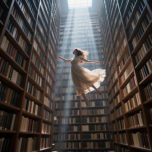 Photograph of a woman in a flowing white dress, mid-jump, between towering bookshelves in a sunlit library, rays of light streaming