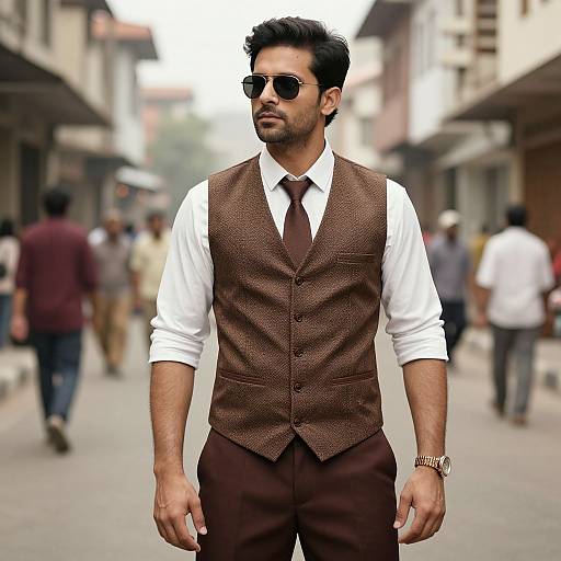 Photograph of a handsome, dark-haired man in brown tweed vest, white shirt, and brown tie, wearing sunglasses, standing confidently on a busy
