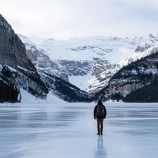 Hiker by Frozen Lake in Mountains