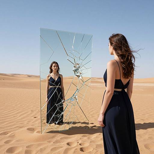 Photograph of a brunette woman in a black dress standing in a desert, facing a broken mirror reflecting her image. Clear blue sky, golden sand d