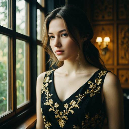 Young Woman in Black and Gold Dress by Window