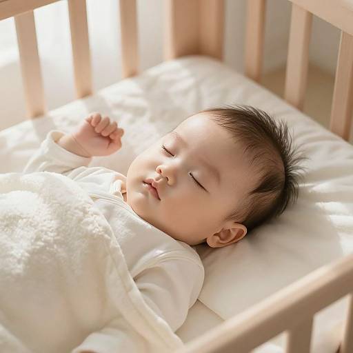 Photograph of a sleeping baby with closed eyes, light brown hair, and a white onesie, lying in a sunlit wooden crib.