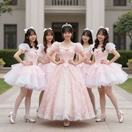 Photograph of four Asian women in pink and white ball gowns with lace and tulle, standing in front of a building, smiling, with ti