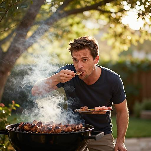 Photograph of a bearded man in a navy t-shirt, outdoors, eating grilled meat from a black barbecue grill with smoke. Sunlight filters through