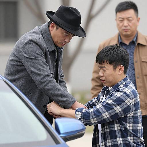 Tense Outdoor Confrontation by Blue Car