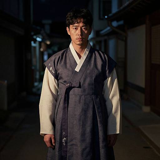 Photograph of a serious East Asian man in traditional Korean hanbok, standing in a dimly lit, narrow alley at night.