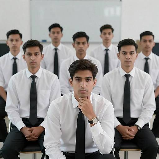 Seven Men Seated in Office Row