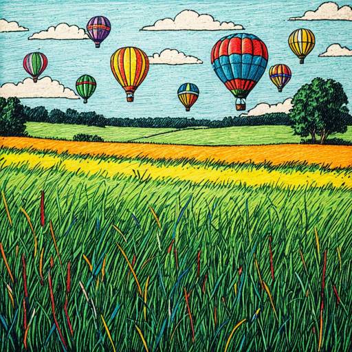 Crayon Drawing of Hot Air Balloons Over Field