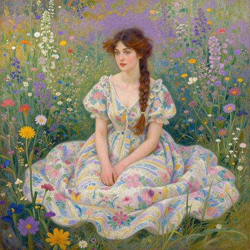 Symbolist Woman in Dreamlike Wildflowers