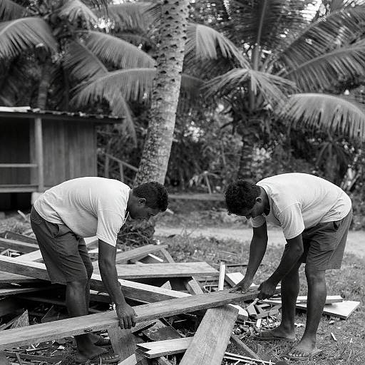 Men Clearing Debris in Tropical Paradise