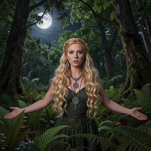 Photograph-style digital art: Blonde woman with long wavy hair, dark green dress, intricate necklaces, arms outstretched, moonlit forest