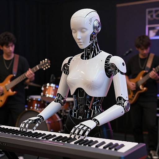 Photograph of a white, robotic female figure playing a keyboard in a dimly lit music studio, with two male musicians playing guitars in the background.