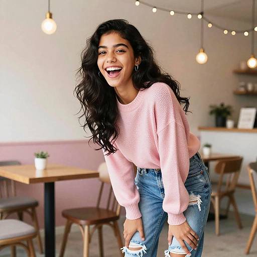 Teen Girl Laughing in Modern Café