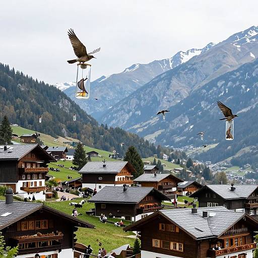 Photograph of a mountain village with wooden chalets, green hills, and snow-capped mountains. Several birds with cargo fly above, carrying small objects