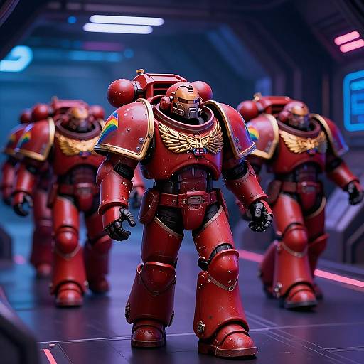 Photograph of three red, winged robot warriors in a futuristic, neon-lit corridor, walking in formation with glowing blue and pink lights.