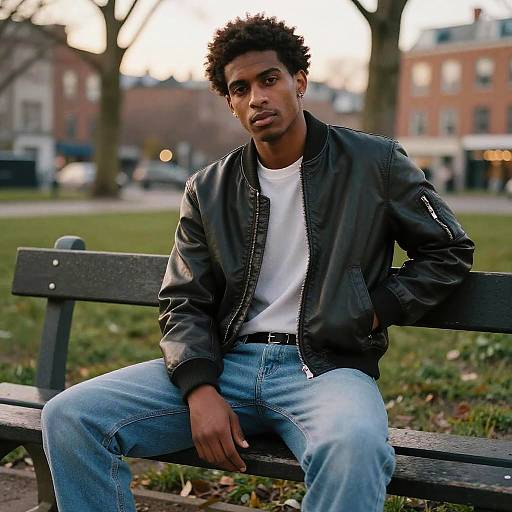 Man with Afro hairstyle sitting on park bench