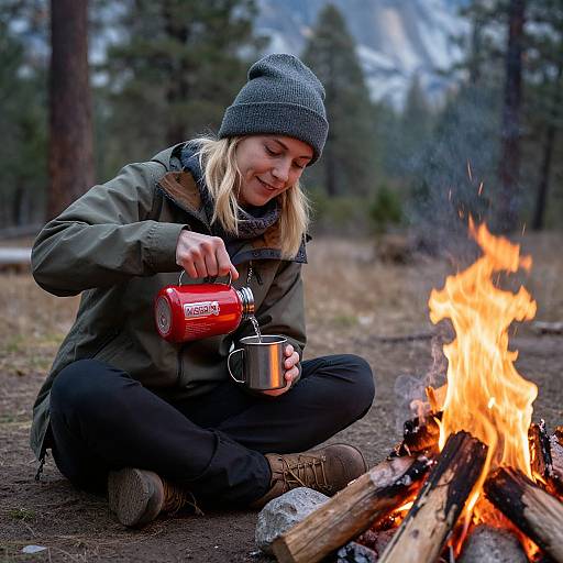 Photograph of a blonde woman in a gray beanie, green jacket, and black pants, pouring coffee from a red can by a campfire in