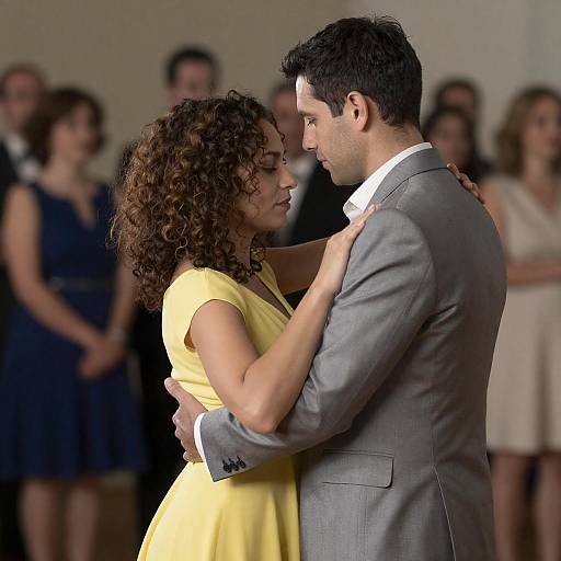 Photograph of a curly-haired Black woman in a yellow dress and a white-shirted man in a gray suit dancing, surrounded by blurred guests in formal