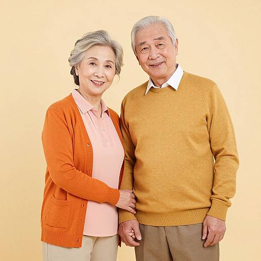 Warm Elderly Couple in Coordinated Outfits