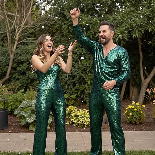 Couple Celebrating in Green Sequin Jumpsuits