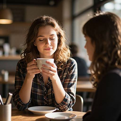 Photograph of a smiling woman with wavy brown hair, wearing a plaid shirt, holding a white cup, sitting at a sunlit café table