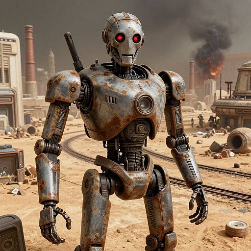 Photorealistic CGI of a rusty, red-eyed robot standing in a desert factory with smoke, damaged buildings, and scattered debris.