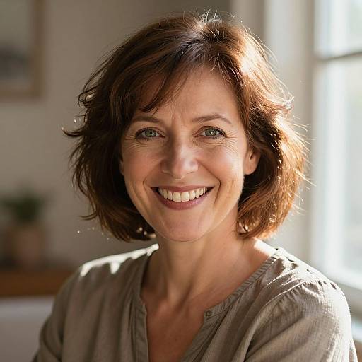 Photograph of a smiling middle-aged woman with short brown hair, wearing a beige blouse, bathed in sunlight, with a blurred indoor background.