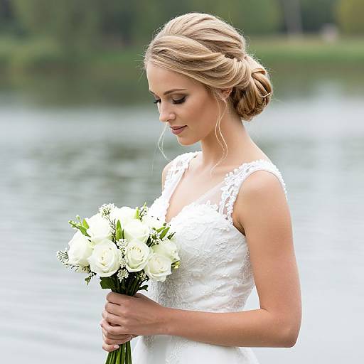 Photograph of a blonde bride with an updo, wearing a white lace dress, holding a bouquet of white roses, standing by a serene lake.