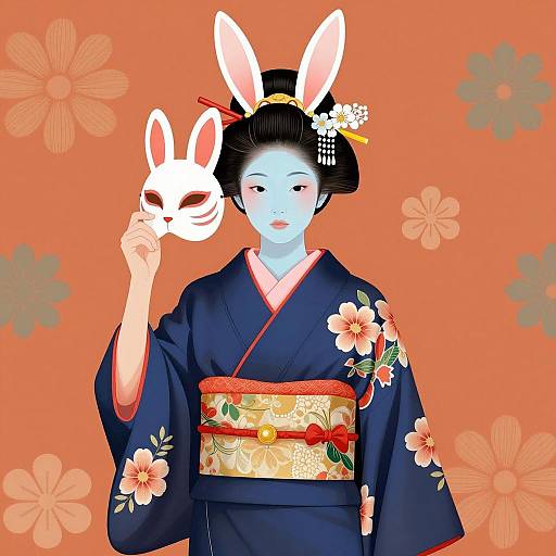 Japanese Woman in Kimono with Rabbit Mask