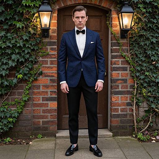 Photograph of a handsome, fair-skinned man in a black tuxedo with bow tie, standing in front of a brick doorway adorned with iv