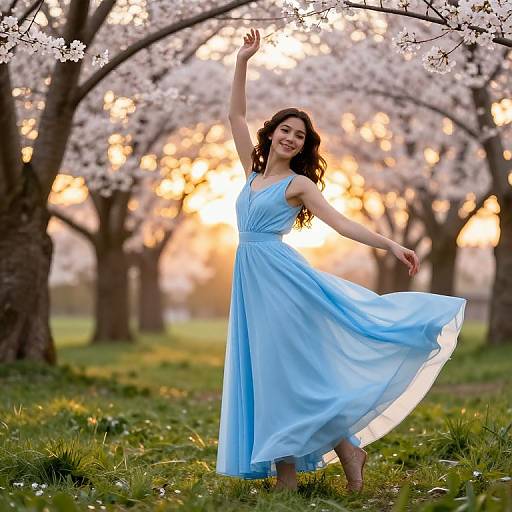 Photograph of a smiling brunette woman in a flowing light blue dress, dancing under blooming cherry blossoms at sunset.